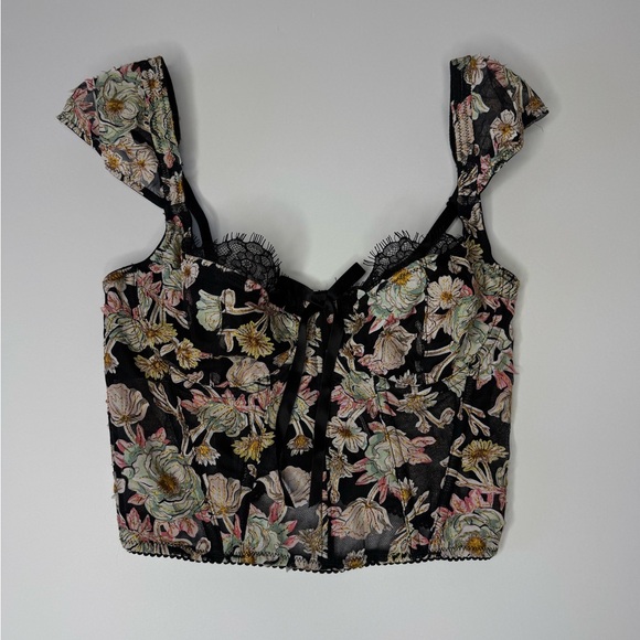Victoria's Secret Other - Victoria’s Secret Floral Mesh Corset Top 32C Black Sheer Lace Bow